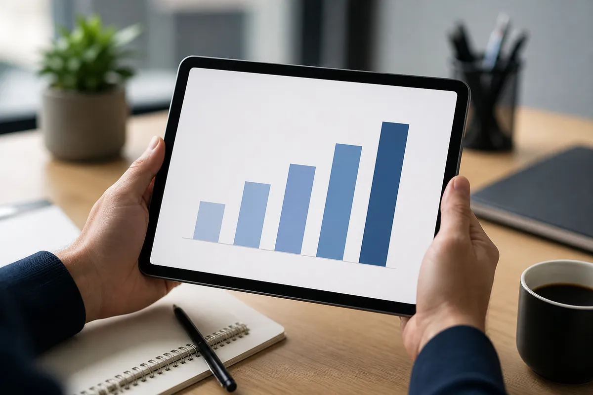 Tablet mit Diagramm in Händen über einem hellen Tisch